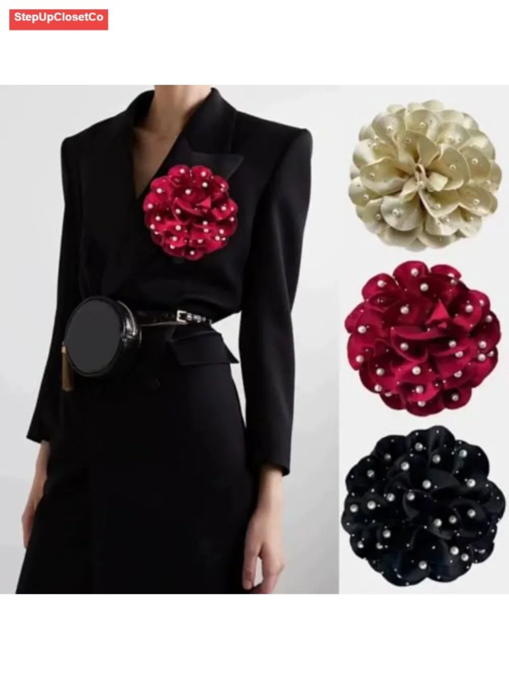 Handmade Silk Satin Flower Brooch Pin Pearl Camellia Brooch for Women Dress